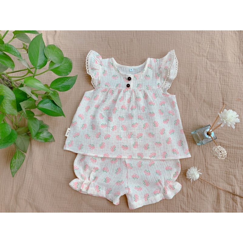 bộ bé gái xô muslin cao cấp nhà k’kids hoạ tiết hoa cẩm tú cầu,size cho bé từ 5-15kg, bộ bé gái xô m