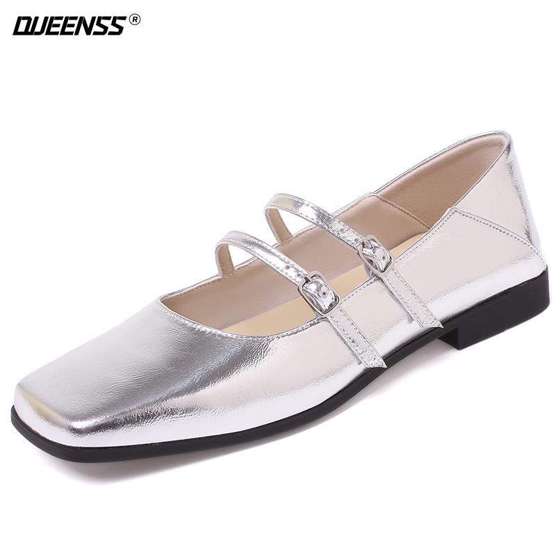 Giày Búp Bê Mũi Vuông Đế Bằng Phối Dây Đan Chéo Màu Bạc Phong Cách Retro Pháp