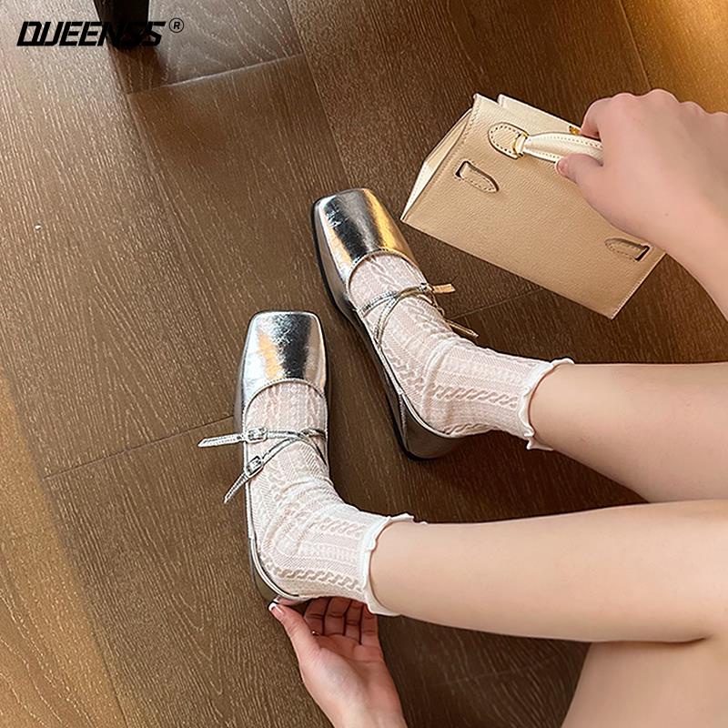 Giày Búp Bê Mũi Vuông Đế Bằng Phối Dây Đan Chéo Màu Bạc Phong Cách Retro Pháp