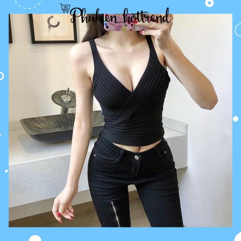 Áo Bra Nữ Dáng Croptop Dệt Kim Sọc Chéo Thiết Kế Cổ Chữ V Khoét Sâu Quyến Rũ phanngoc03