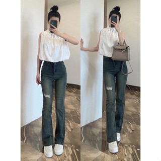 Quần Bò nữ ống loe rách gối girl phố , Quần jean nữ bò loe lưng cao màu xanh