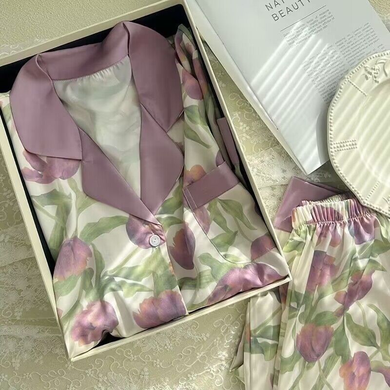 Bộ Đồ Ngủ Tay Dài Chất Lụa Lạnh Cao Cấp Dáng Rộng In Họa Tiết Hoa Tulip Phong Cách Hàn Quốc Thời Trang Xuân Thu Cho Nữ