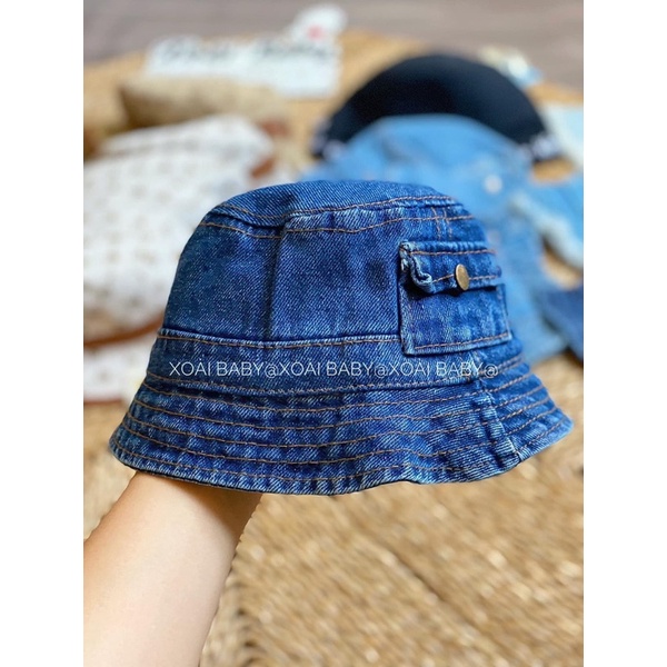 Nón buket jean mềm QC phối túi cho bé trai, bé gái.