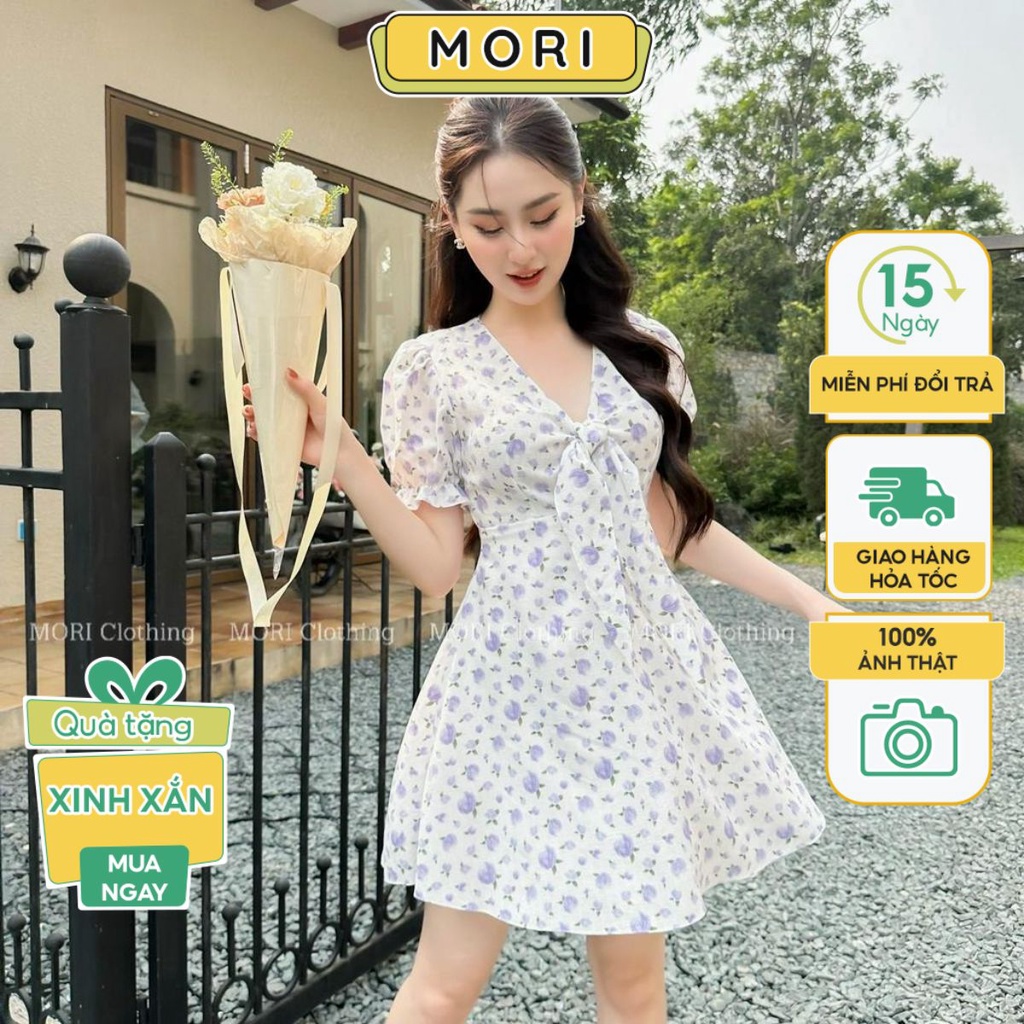 Đầm nữ thiết kế hoa nhí cổ V nơ trước ngực chất liệu vải thô hàn xốp thời trang thiết kế MORI CLOTHING V1037