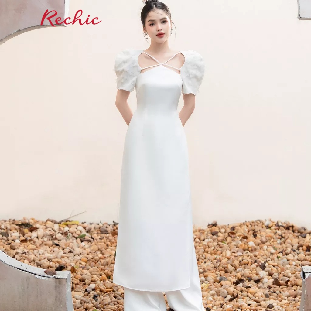 RECHIC Set Áo Dài Thục Khuê tặng kèm quần trắng tay phồng chéo dây thanh lịch thời thượng hiện đại