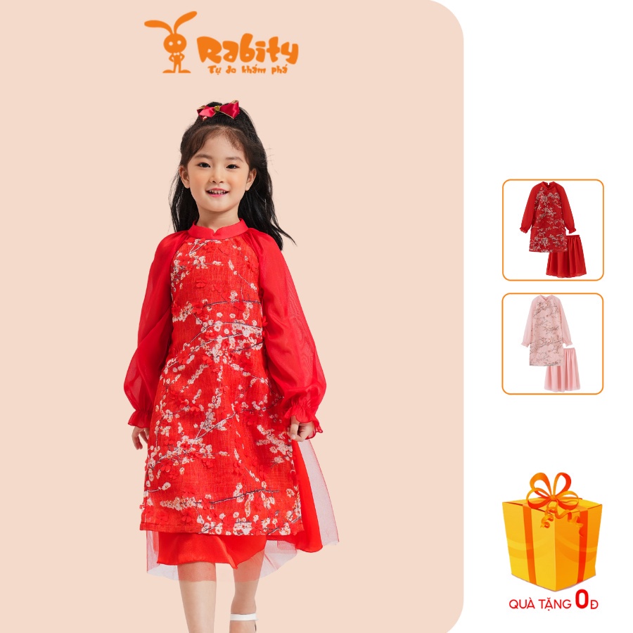 Set áo dài cách tân bé trai bé gái kèm váy xinh xắn diện tết hoạ tiết hoa đỏ vàng Rabity 91749