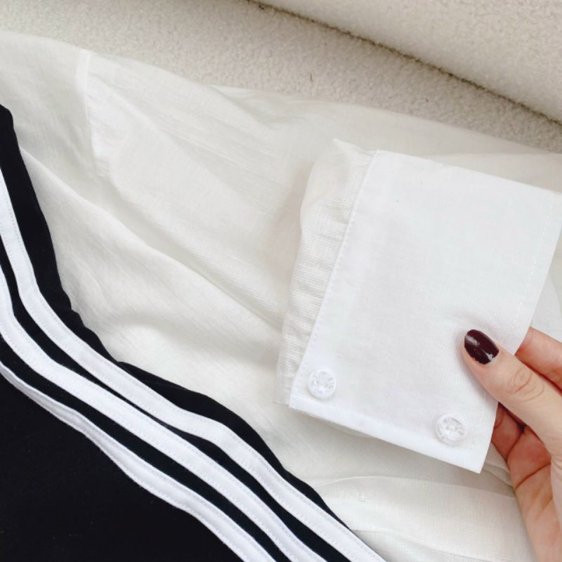 SET JUM ĐEN VIỀN SỌC TRẮNG KÈM KHOÁC SOMI TRẮNG