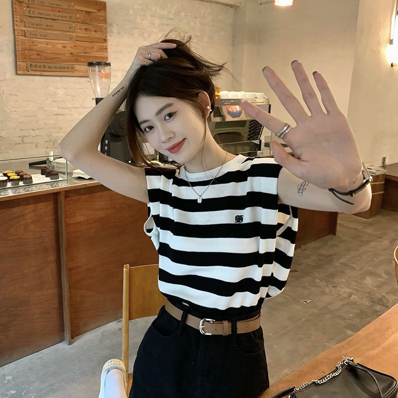 Jiashucheng Áo Thun Không Tay Dáng Rộng Họa Tiết Kẻ Sọc Thời Trang Mùa Hè Hàng Mới Dành Cho Bạn Nữ