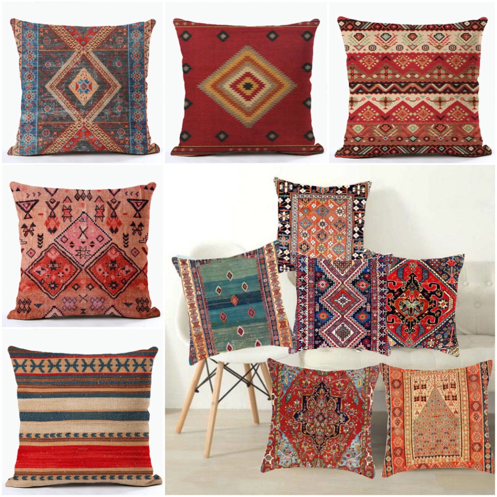 (THỔ CẨM ĐẸP) GỐI VUÔNG decor sofa Họa tiết Vintage độc đáo, Gối vải lanh tựa lưng trang trí nhà cửa