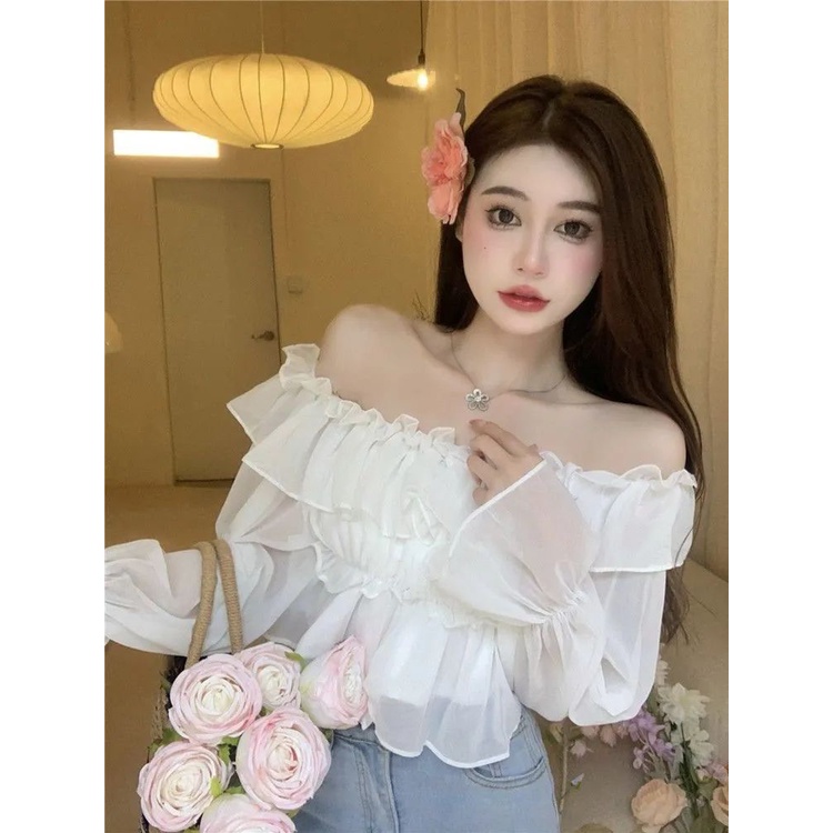 Jiashucheng Áo Sơ Mi Mùa Xuân Thuần Khiết Thiết Kế Tay Dài Hở Vai Chống Nắng Phối Bèo Siêu Cổ Tích Phong Cách