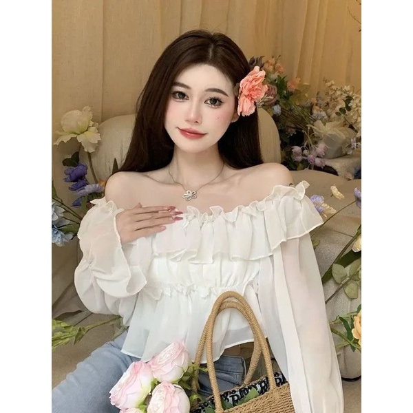 Jiashucheng Áo Sơ Mi Mùa Xuân Thuần Khiết Thiết Kế Tay Dài Hở Vai Chống Nắng Phối Bèo Siêu Cổ Tích Phong Cách