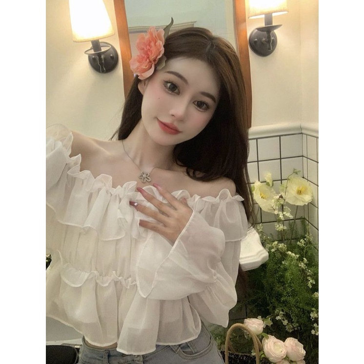 Jiashucheng Áo Sơ Mi Mùa Xuân Thuần Khiết Thiết Kế Tay Dài Hở Vai Chống Nắng Phối Bèo Siêu Cổ Tích Phong Cách