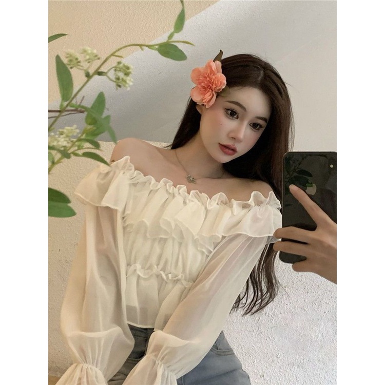 Jiashucheng Áo Sơ Mi Mùa Xuân Thuần Khiết Thiết Kế Tay Dài Hở Vai Chống Nắng Phối Bèo Siêu Cổ Tích Phong Cách