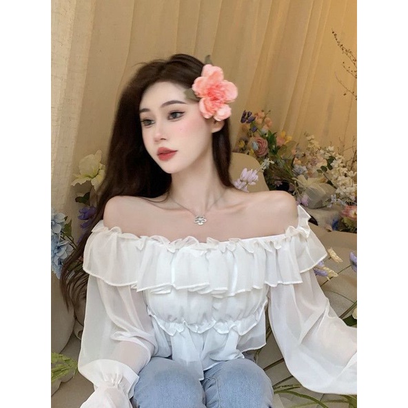 Jiashucheng Áo Sơ Mi Mùa Xuân Thuần Khiết Thiết Kế Tay Dài Hở Vai Chống Nắng Phối Bèo Siêu Cổ Tích Phong Cách