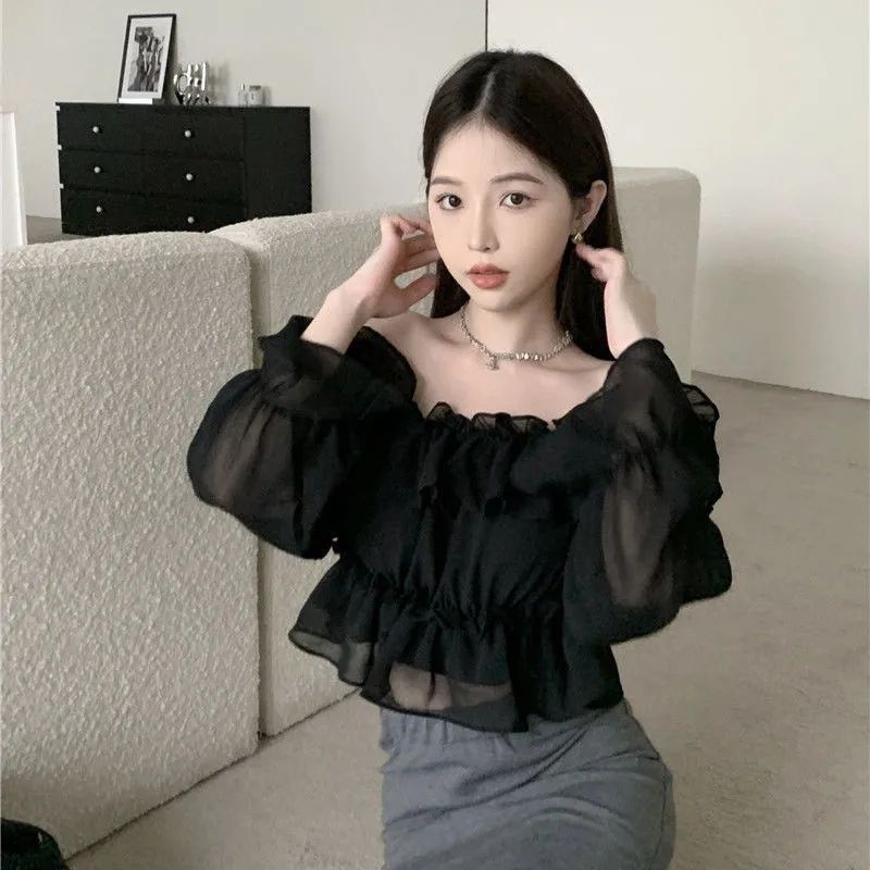 Jiashucheng Áo Sơ Mi Mùa Xuân Thuần Khiết Thiết Kế Tay Dài Hở Vai Chống Nắng Phối Bèo Siêu Cổ Tích Phong Cách