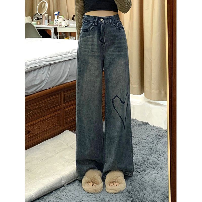 Jiashucheng Quần Jean Nữ Ống Rộng Lưng Cao In Hình Trái Tim Phong Cách Hàn Quốc