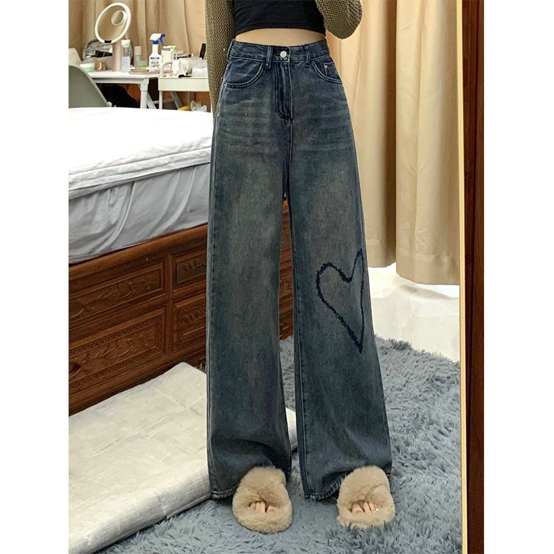 Jiashucheng Quần Jean Nữ Ống Rộng Lưng Cao In Hình Trái Tim Phong Cách Hàn Quốc