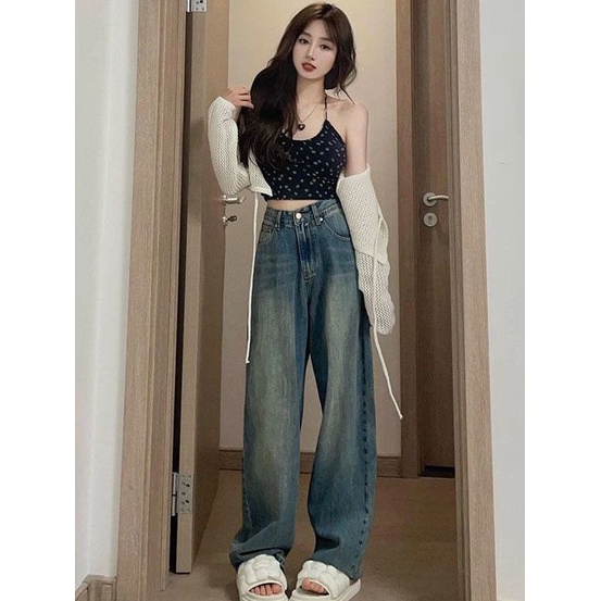 Jiashucheng Quần Jean Ống Rộng Lưng Cao Phong Cách Hong Kong Cổ Điển Cho Nữ