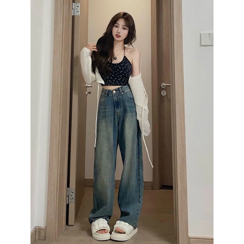 Jiashucheng Quần Jean Ống Rộng Lưng Cao Phong Cách Hong Kong Cổ Điển Cho Nữ