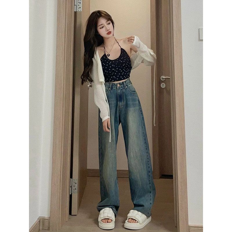Jiashucheng Quần Jean Ống Rộng Lưng Cao Phong Cách Hong Kong Cổ Điển Cho Nữ