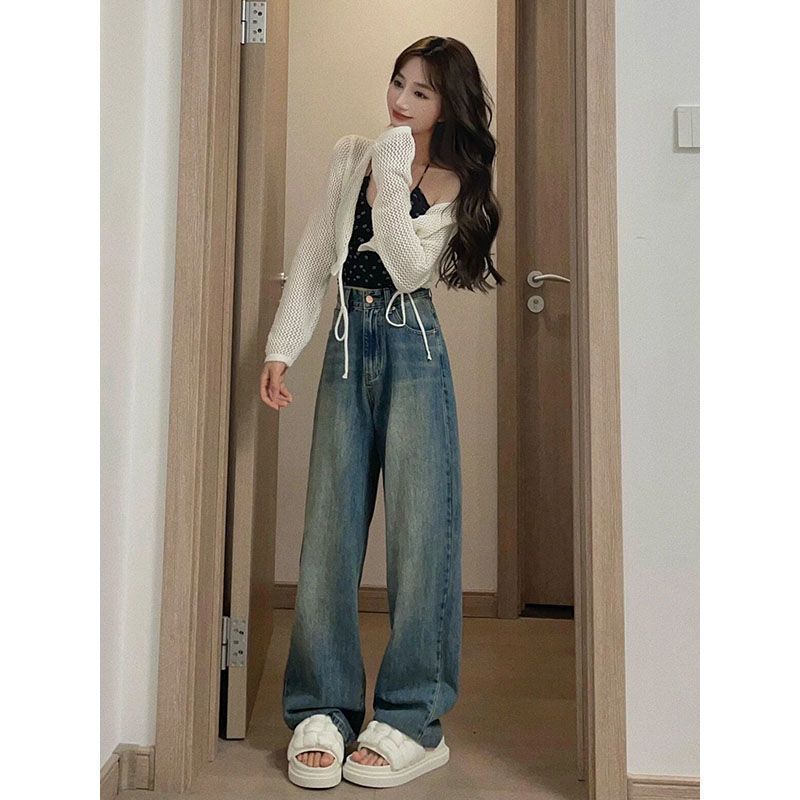 Jiashucheng Quần Jean Ống Rộng Lưng Cao Phong Cách Hong Kong Cổ Điển Cho Nữ