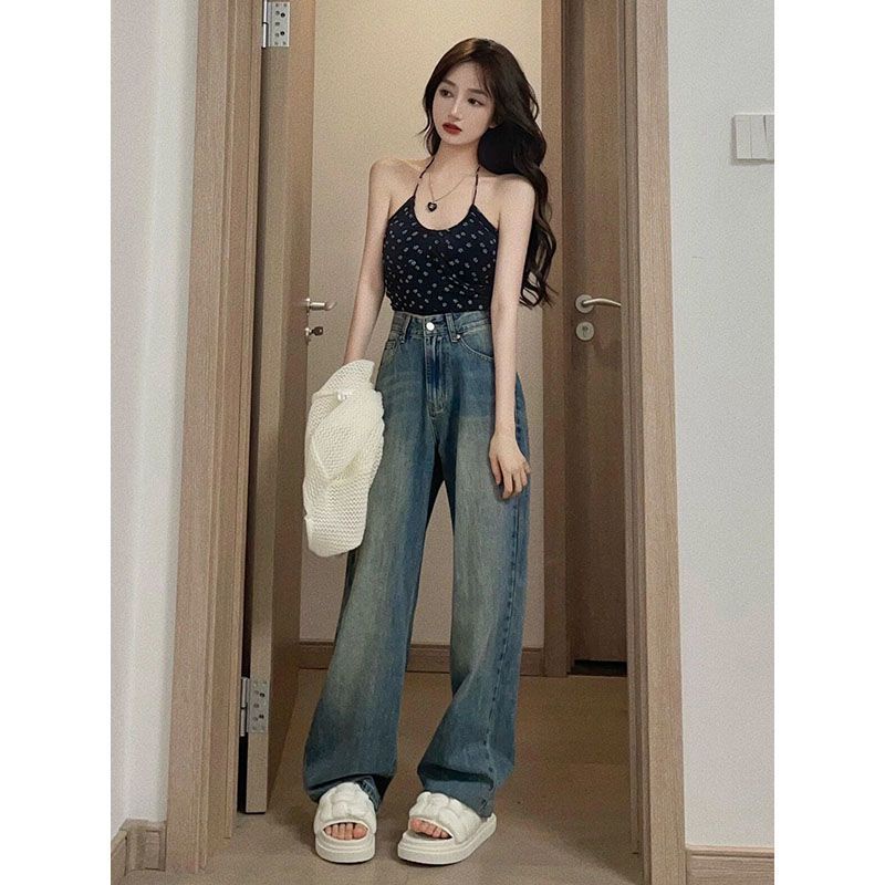 Jiashucheng Quần Jean Ống Rộng Lưng Cao Phong Cách Hong Kong Cổ Điển Cho Nữ