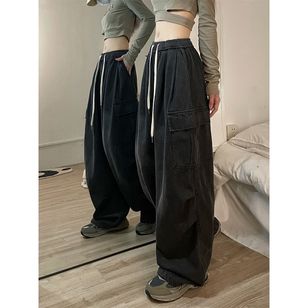Jiashucheng Quần Jean Dài Dáng Rộng Lưng Thun Co Giãn Tốt Kiểu Hip-Hop Mỹ Retro Cá Tính Cho Nữ