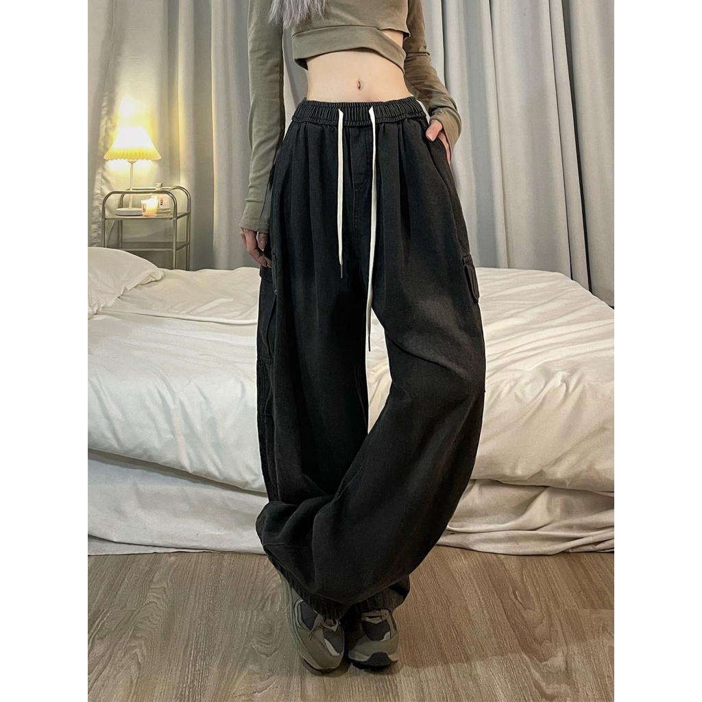 Jiashucheng Quần Jean Dài Dáng Rộng Lưng Thun Co Giãn Tốt Kiểu Hip-Hop Mỹ Retro Cá Tính Cho Nữ