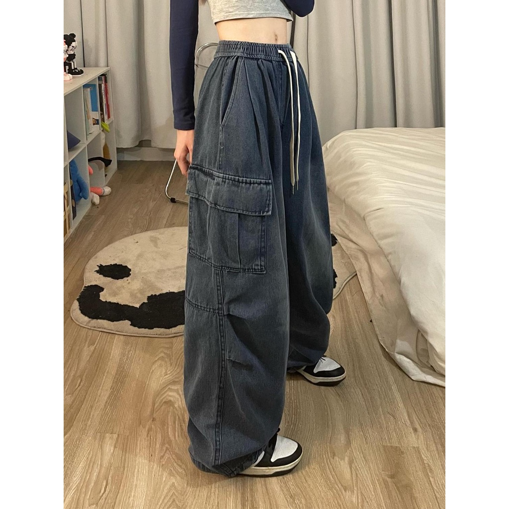 Jiashucheng Quần Jean Dài Dáng Rộng Lưng Thun Co Giãn Tốt Kiểu Hip-Hop Mỹ Retro Cá Tính Cho Nữ
