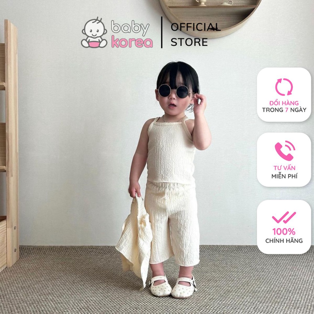 Set 3 món xốp nhăn áo hai dây quần suông kèm áo cardigan cộc tay bồng made in Korea cho bé gái đang yêu từ 8-30kg