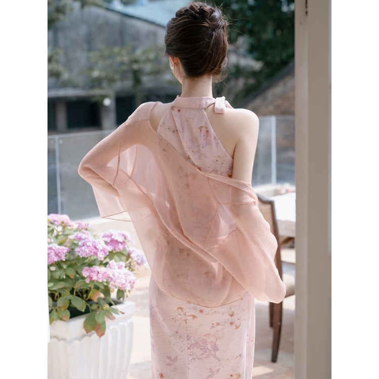 Sườn Xám Cách Tân Không Tay Cao Cấp Họa Tiết Hoa Màu Hồng Nhạt Cao Cấp Phong Cách Trung Hoa Mới