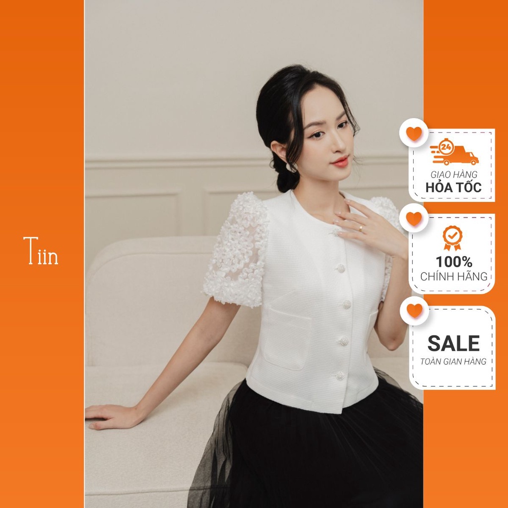 Áo sơ mi nữ ngắn tay nữ công sở phối tay ren cổ tròn cúc ngọc chất tafta TiinStore - AHN736