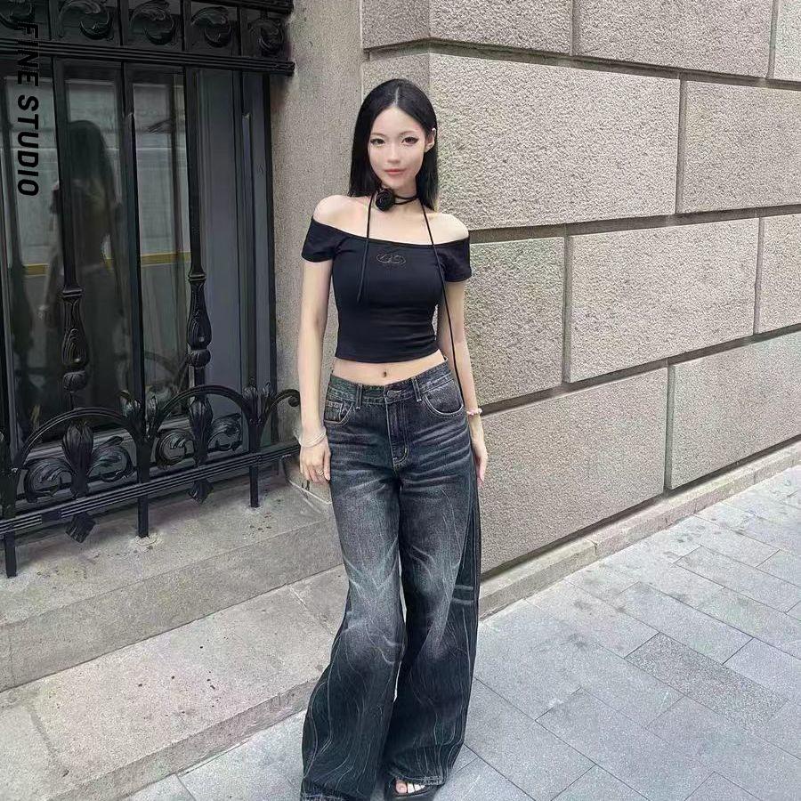 Áo Thun Ngắn Tay Trễ Vai Màu Đen Phong Cách Mỹ Cho Nữ