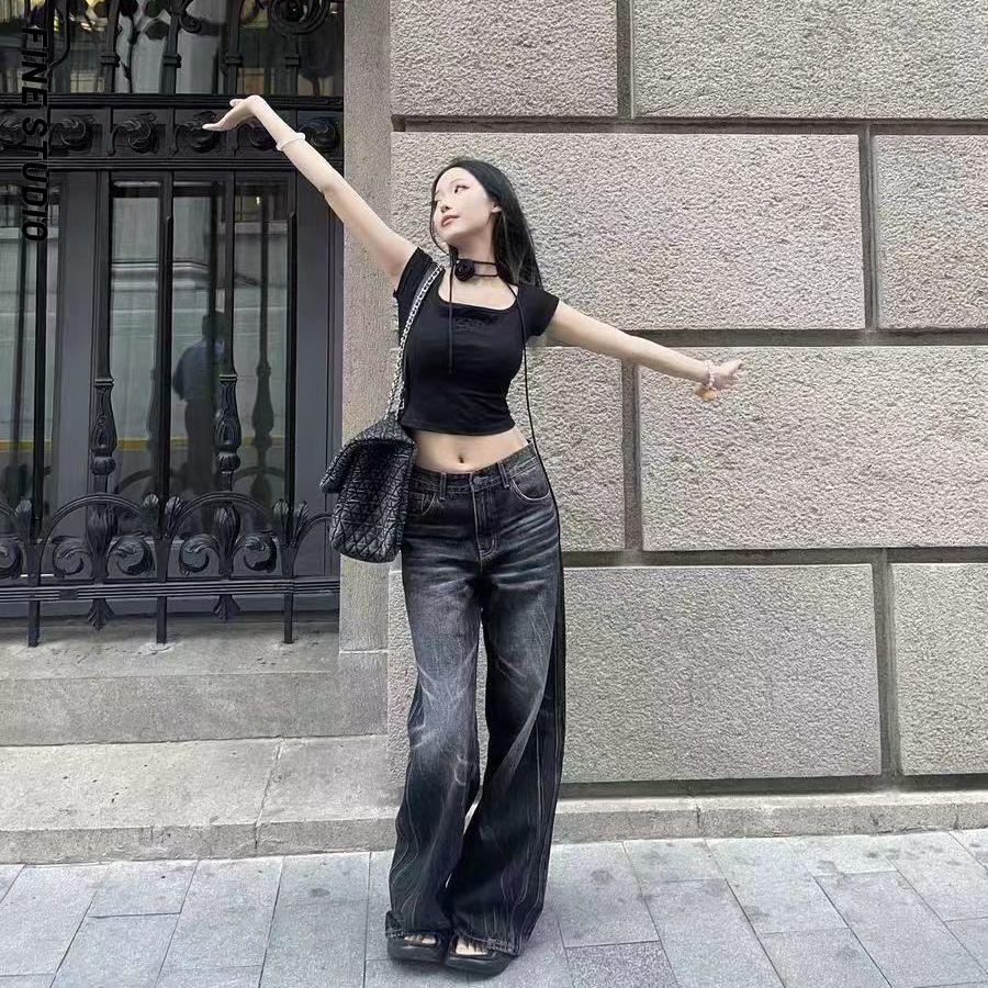 Áo Thun Ngắn Tay Trễ Vai Màu Đen Phong Cách Mỹ Cho Nữ