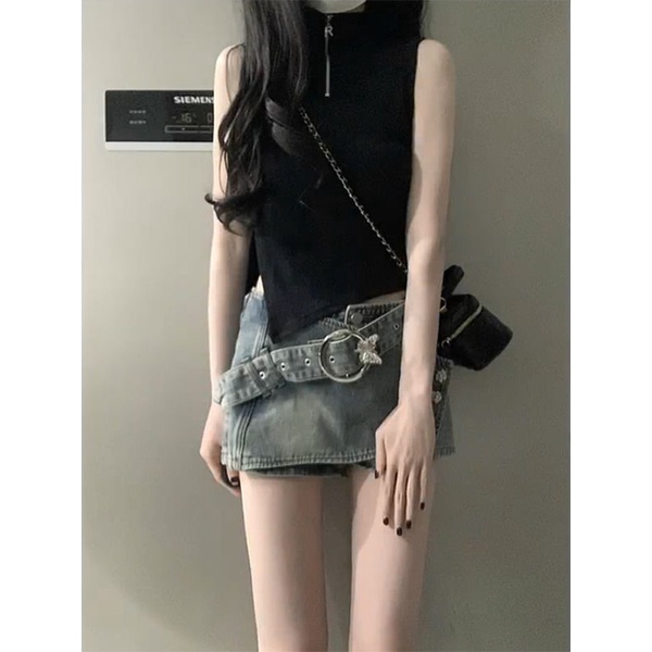 Jiashucheng Chân Váy Denim Chữ a Lưng Cao Dáng Ôm Phong Cách Retro Mỹ Mùa Hè Mới Cho Nữ