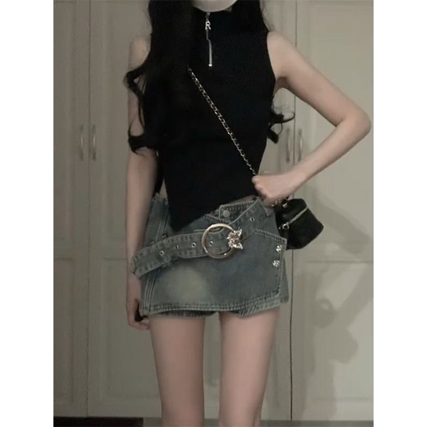 Jiashucheng Chân Váy Denim Chữ a Lưng Cao Dáng Ôm Phong Cách Retro Mỹ Mùa Hè Mới Cho Nữ