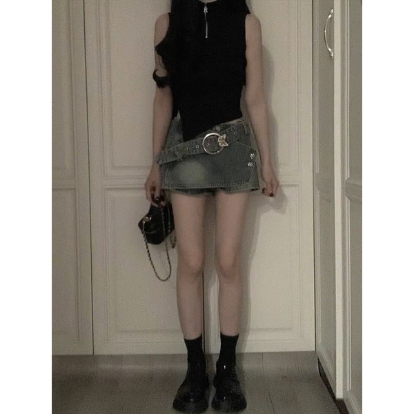 Jiashucheng Chân Váy Denim Chữ a Lưng Cao Dáng Ôm Phong Cách Retro Mỹ Mùa Hè Mới Cho Nữ