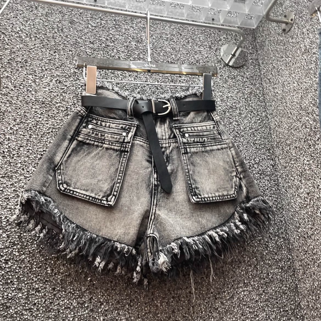 Jiashucheng Quần Short Denim Tua Rua Dáng Chữ a Lưng Cao Phong Cách Mùa Hè Mới Ngọt Ngào Cho Nữ