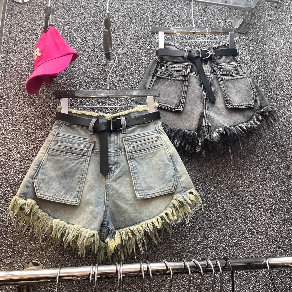 Jiashucheng Quần Short Denim Tua Rua Dáng Chữ a Lưng Cao Phong Cách Mùa Hè Mới Ngọt Ngào Cho Nữ