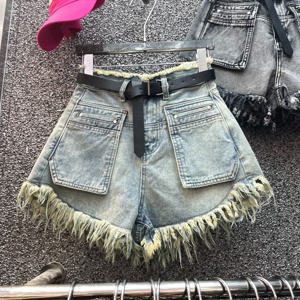 Jiashucheng Quần Short Denim Tua Rua Dáng Chữ a Lưng Cao Phong Cách Mùa Hè Mới Ngọt Ngào Cho Nữ