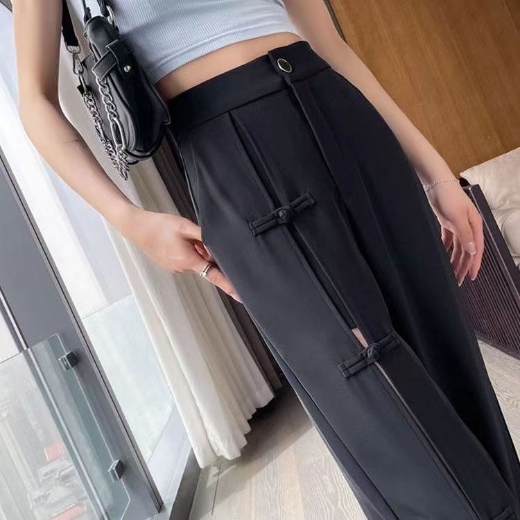 Jiashucheng Quần Ống Rộng Phối Nút Đĩa Phong Cách Trung Hoa Hợp Thời Trang Mùa Hè Cho Nữ
