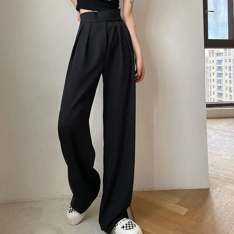 Quần Dài Vải Lụa Lạnh Mỏng Lưng Cao Ống Rộng Màu Đen Thời Trang Mùa Thu Cho Nữ