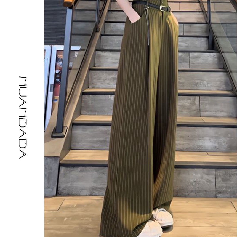 Quần Dài Ống Rộng Lưng Cao Họa Tiết Kẻ Sọc Thời Trang Mùa Xuân Cao Cấp Cho Nữ
