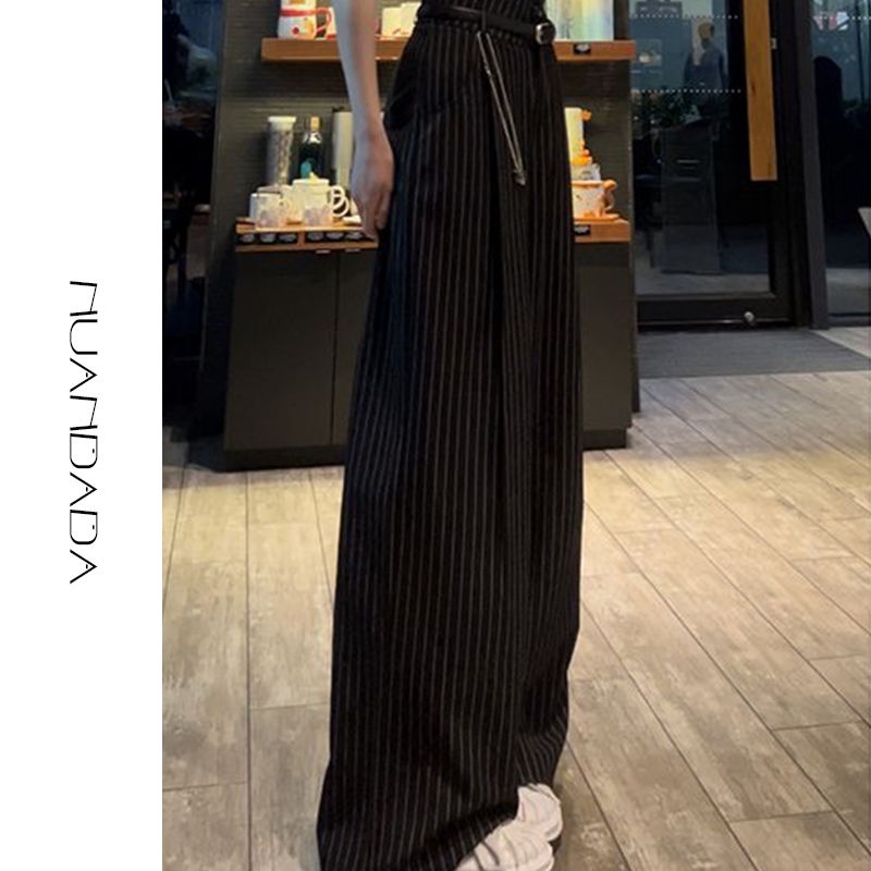 Quần Dài Ống Rộng Lưng Cao Họa Tiết Kẻ Sọc Thời Trang Mùa Xuân Cao Cấp Cho Nữ