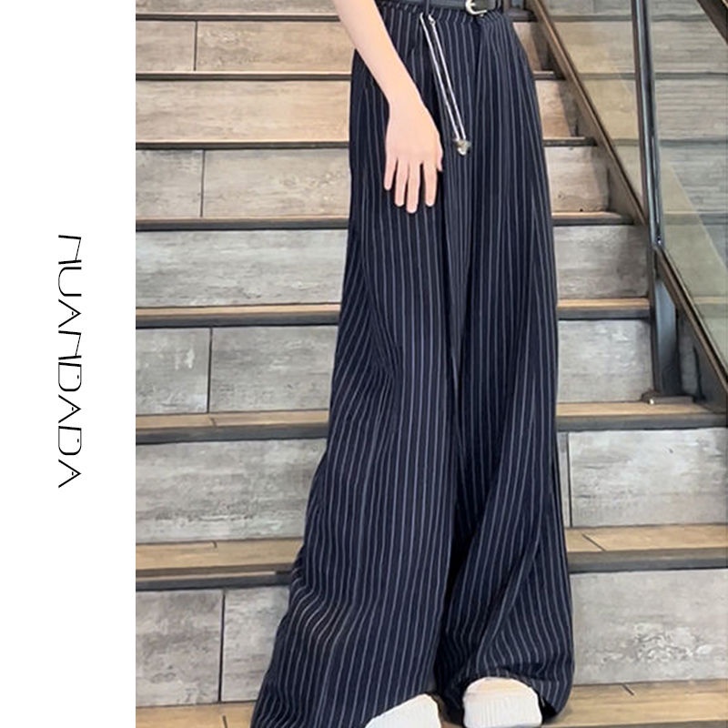 Quần Dài Ống Rộng Lưng Cao Họa Tiết Kẻ Sọc Thời Trang Mùa Xuân Cao Cấp Cho Nữ
