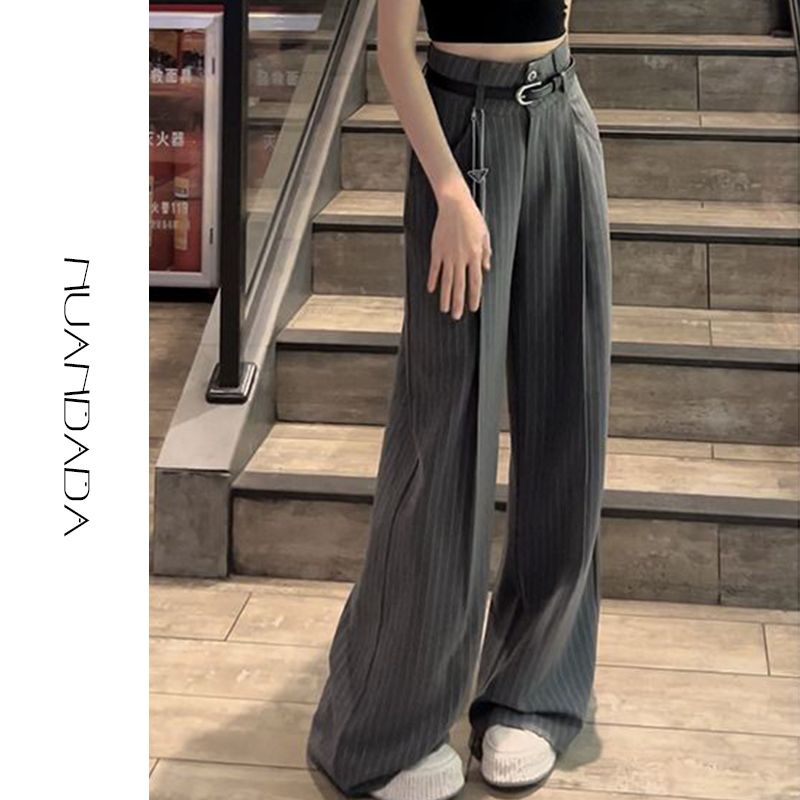 Quần Dài Ống Rộng Lưng Cao Họa Tiết Kẻ Sọc Thời Trang Mùa Xuân Cao Cấp Cho Nữ