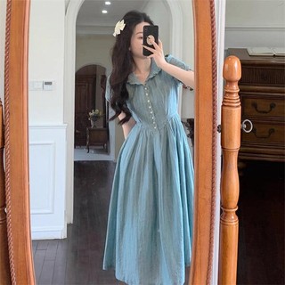 Goouliu Đầm Dài Cổ Búp Bê Màu Xanh Dương Phong Cách Pháp Cao Cấp Cho Nữ dre