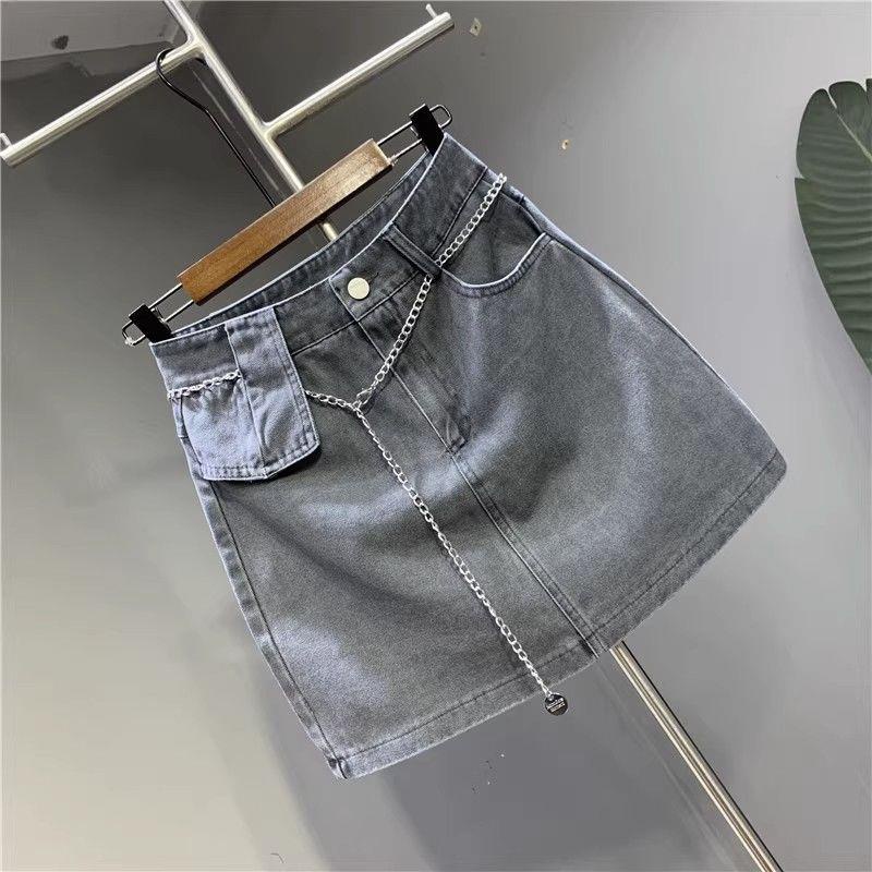 Goouliu Chân váy jean cotton Xám Lưng Cao Co Giãn Thời Trang Mùa Hè 2023