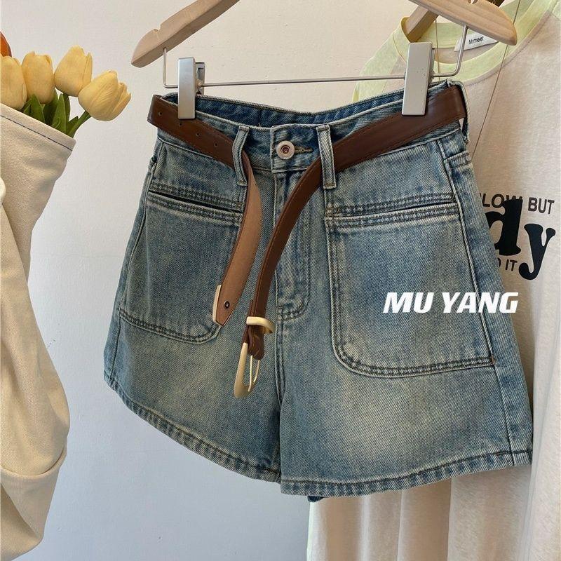 Goouliu Quần Short denim Mỏng Dáng Chữ a Lưng Cao Phối Túi Thời Trang Mùa Hè 2023 Cho Nữ