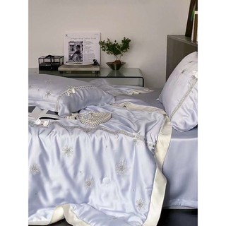 Bộ chăn ga gối Tencel chăn hè chần bông Hoa Tuyết đính nơ
